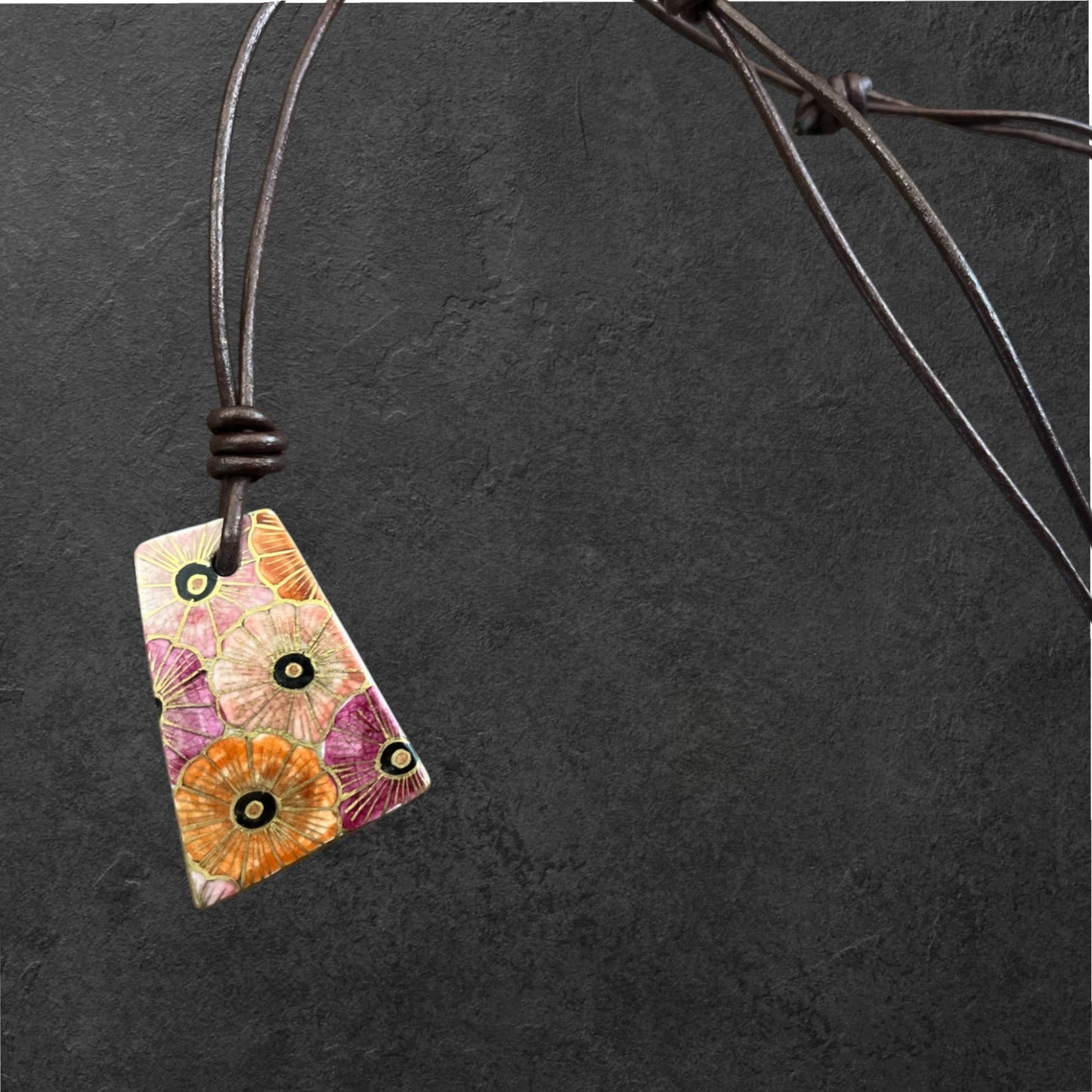 Hand-painted Reversible Japanese Ceramic Necklace: Tsutsuji