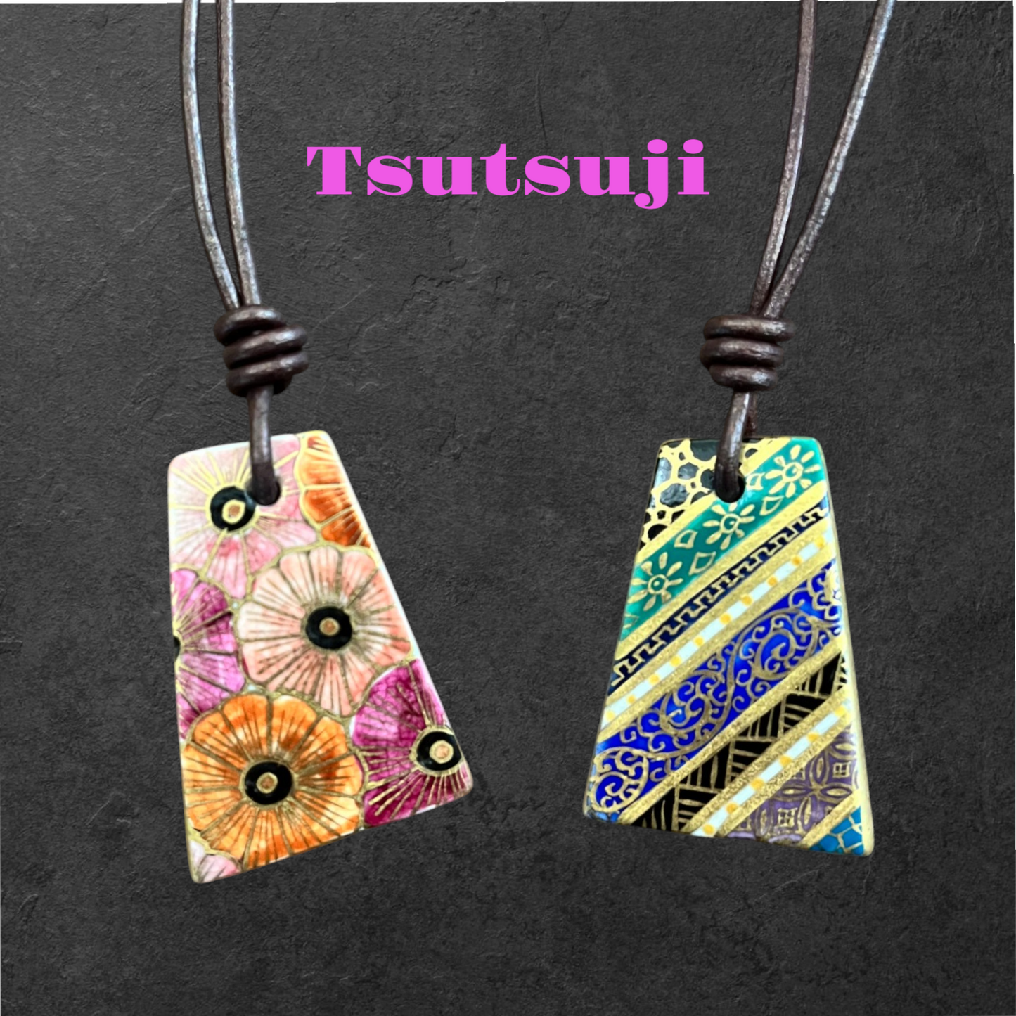 Hand-painted Reversible Japanese Ceramic Necklace: Tsutsuji