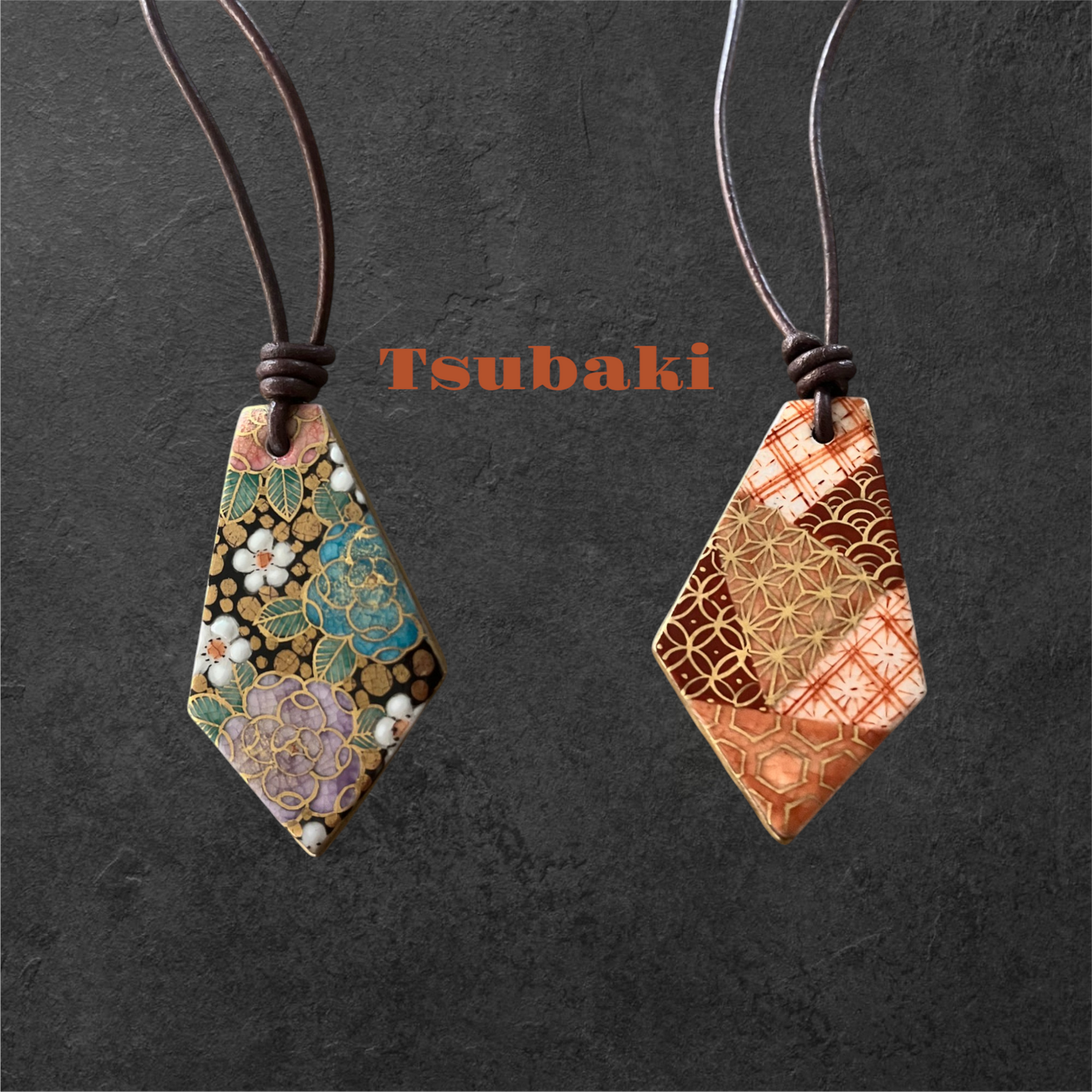 Hand-painted Reversible Japanese Ceramic Necklace: Tsubaki