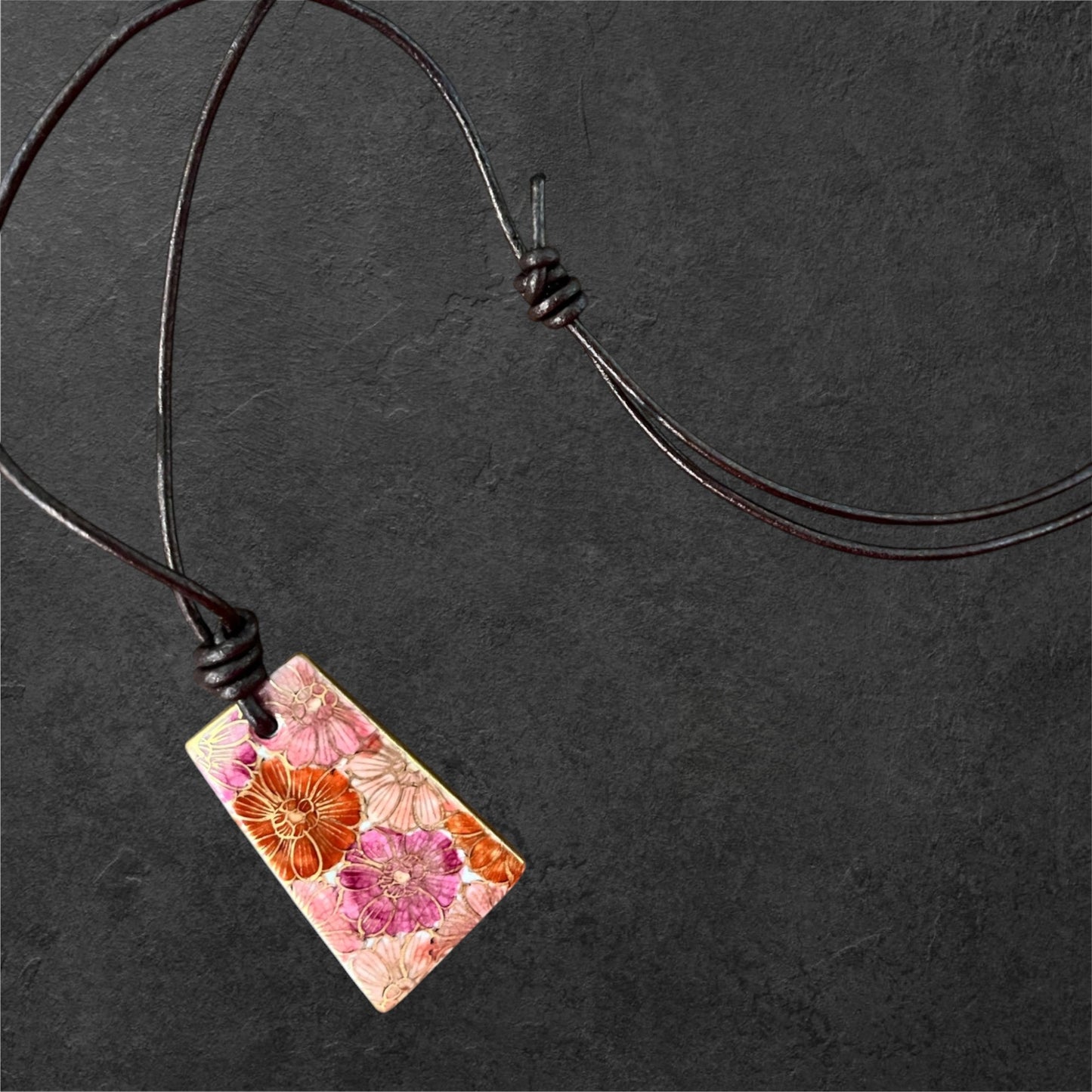 Hand-painted Reversible Japanese Ceramic Necklace: Botan