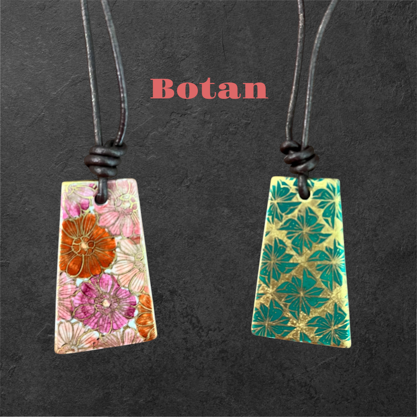 Hand-painted Reversible Japanese Ceramic Necklace: Botan