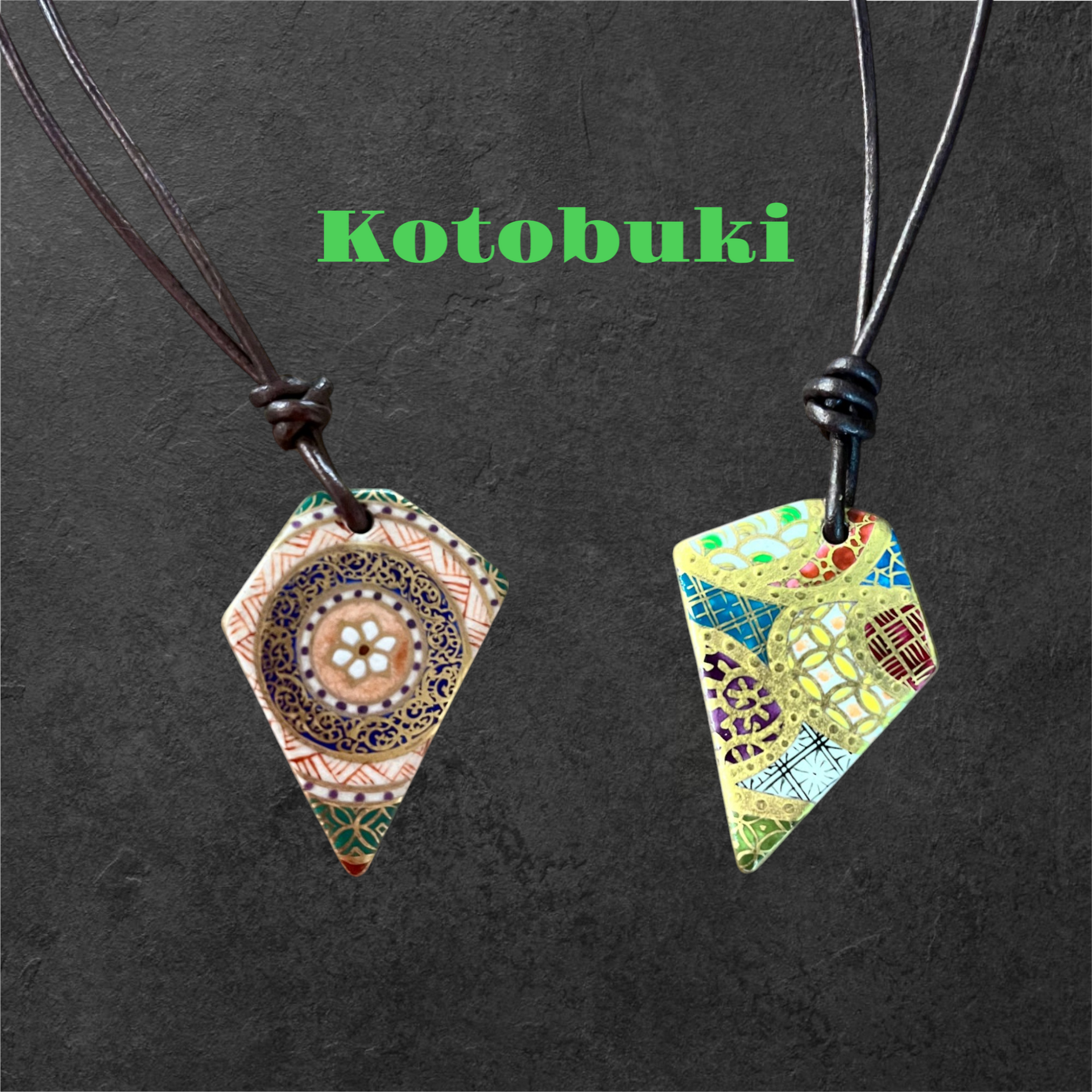 Hand-painted Reversible Japanese Ceramic Necklace: Kotobuki